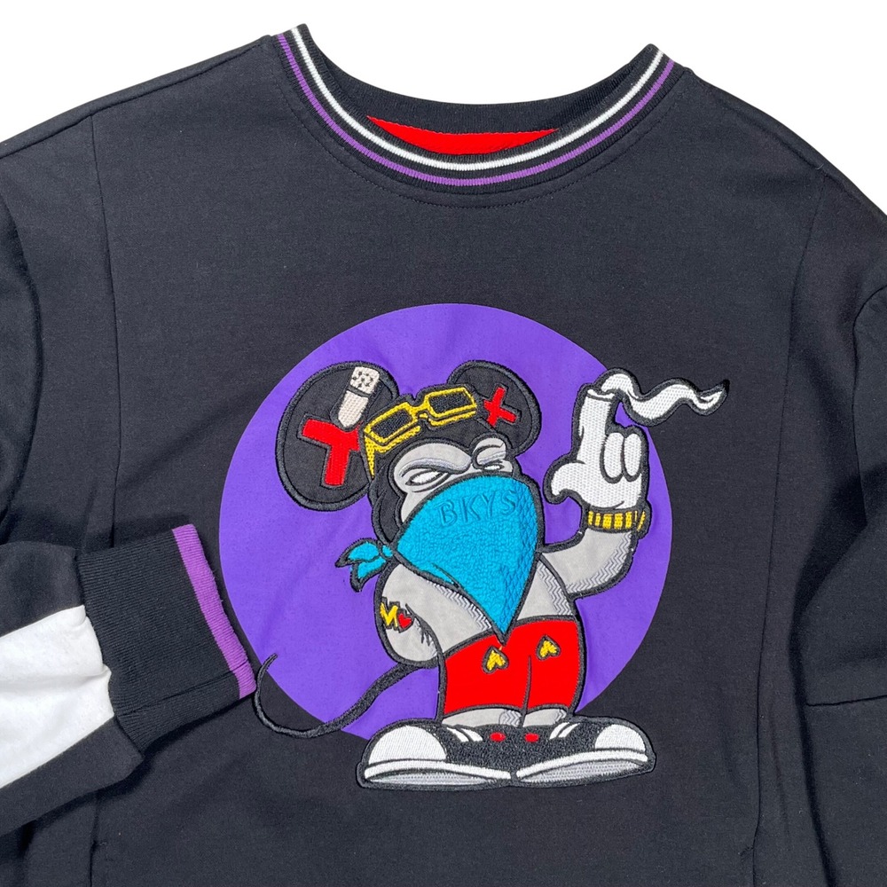 BKYS Graphic Sweatshirt Mens Medium Black Embroidered Mouse Streetwear Crewneck